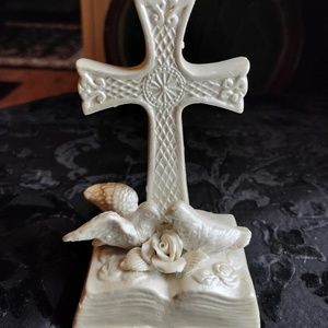 White Porcelain Crucifix with Birds and Roses
